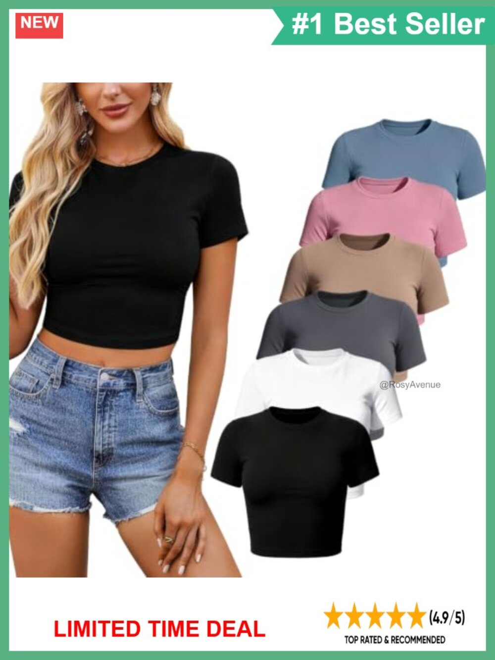 Women's Cropped Tee Short Sleeve Slim Fit Crew Neck Knit T-Shirt - Picture 1 of 5